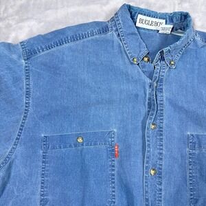 BUGLE BOY Mens Short Sleeve Denim chamois Button Down Shirt Large Blue Cotton